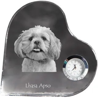 Lhasa Apso, Lhasaterrier, Löwenhund - Kristalluhr mit einem Hundebild, Herzregal-Uhr, personalisierte Standuhr der Marke Art-Dog - Transparent