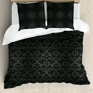 ABAKUHAUS Dunkelgrau Bettbezug, Schwarze Damast-Blumen, Milbensicher Allergiker geeignet mit Kissenbezügen, 200 cm x 200 cm - 80 x 80 cm, Schwarzgrau - Schwarz