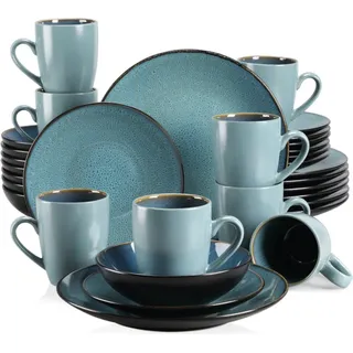 Happyment Luxe Serviesset – 32-teilig – 8 Personen – Porzellan – Türkis – Dessert-, Tief- & Speiseteller + Tassen - Türkis