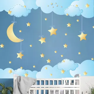 Wandsticker Kinder - Deko Babyzimmer - Wandtattoo Kinderzimmer - Wandsticker Sterne und Wolken im Himmel - H60 x L90 cm