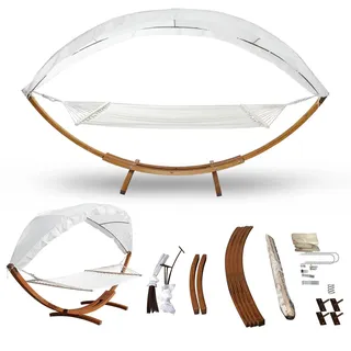 ISOISL Hängematte mit Gestell und Sonnendach, Hammock aus wetterfestem Lärchenholz, bis 200kg, Stabhängematte für 2 Personen Outdoor und Indoor