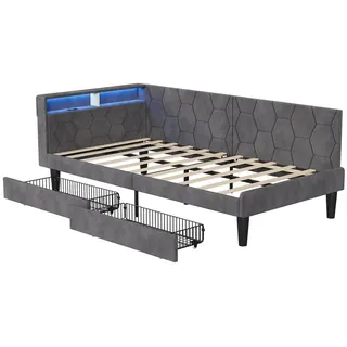 EuroLiving Polsterbett 90x200 cm Tagesbett mit 2 Schubladen, LED & Usb, Einzelbett mit Kopfteil Stauraum, Grau , Metall , 90x200 cm , Schlafzimmer, Betten, Polsterbetten
