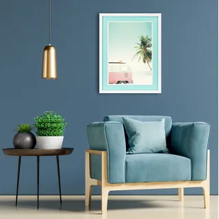 Queence Bild mit Rahmen »Autobus, Palme, Strand« Auto Autos Busse Meer Palmen 1 Stk. tlg. Poster mit buntem Acrylglas, Passepartout,