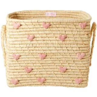 Rice - Small Square Raffia Basket with Raffia Griffe - Pink Hearts