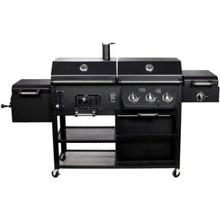 Kombigrill "ARIZONA" – Gas- und Holzkohlegrill mit Infrarotbrenner, verchromten Warmhalterosten, 6-stufiger Höhenverstellung, 3 Garkammern und 4 Rädern, Smoker BBQ