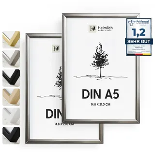 Heimlich® - Bilderrahmen - A5 14,8x21 cm, Aluminium, Silber, 2er-Pack - Diplom-Poster-Collage-Rahmen mit Folienabdeckung - Wandmontage oder Tischaufsteller