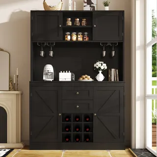 Flieks Hochschrank, 120x40x188cm, Küchenschrank mit verstellbaren Ablagen und Weinregal, Küchenbuffet mit 4 Türen, Highboard im Landhausstil, schwarz - Schwarz