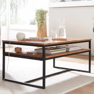 FineBuy Couchtisch Akazie Massivholz 100 cm · Wohnzimmertisch mit Ablage und schwarzem Metallgestell · Rechteckiger Tisch im modernen Loft Design - Braun