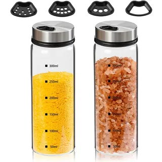 300 ml Gewürzgläser mit Drehdeckel, 2 Stück Borosilikatglas Gewürzstreuer Glas mit 4 Arten von Gewürzlöchern, Rund Salzstreuer Groß, für Gewürze oder Kräuter in der Küche oder Grillen im Freien