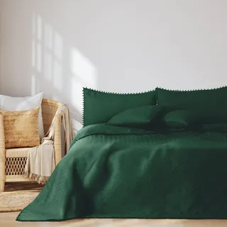 AmeliaHome Tagesdecke mit Pompons 170x270 cm Bettüberwürf zweiseitig Ultrasonic Steppung Polyester Meadore Dunkelgrün