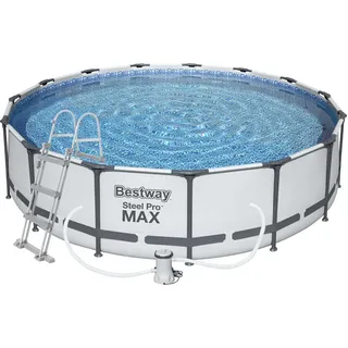 Aufstellpool-Set Bestway Steel Pro Max 457x107 cm mit Kartuschenreiniger 3.028 L/S mit Abdeckung und Leiter - Grau