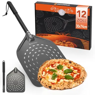 SOUTHGATE Pizzaschieber Perforiert - 30 x 36 x 74 cm Perforierte Pizzaschaufel aus Hart Eloxiertes Aluminium zum Leichten Gleiten auf Pizzastein, Pizza Schieber mit Silikongriff, Geschenk für Männer
