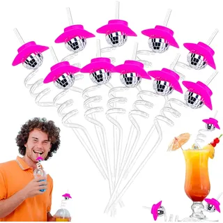 Morofme Discokugel Strohhalme 10pcs, Wiederverwendbare Mini Disco Cowboy Cowgirl Rosa Hut Strohhalme für 70s Last Disco Bachelorette Home Bar Karaoke Party Dekorationen