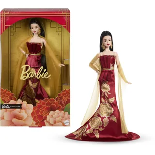 Barbie Lunar New Year Modepuppe in rotem Kleid mit goldenem Pfingstrosenmuster (JJX83)