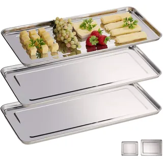 Relaxdays Servierplatte, 3er Set, Edelstahl, spülmaschinenfest, Wurst, Käse, Party, Schlemmerplatte, 45,5x22 cm, silber