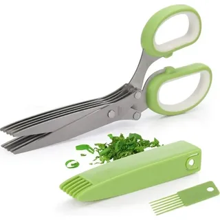 5 Klingen Kräuterschere Küche aus Edelstahl | Mehrzweckschere inkl. Reinigungsbürste + Schutzhülle | Universal Küchenschere mit 5 Edelstahlklingen | Kräuterschneider | Gemüseschere Schnittlauchschere