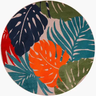 Outdoorteppich , Blau, Grün , Textil , Blätter , rund , Oeko-Tex® Standard 100 , pflegeleicht , Teppiche und Böden, Teppiche, Runde Teppiche