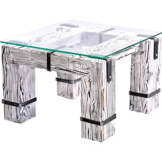 CHYRKA® Couchtisch (Weiss, 60x60 cm H=40 cm) DROHOBYCZ Wohnzimmertisch Massivholz Glastisch Holz Glas Loft Handmade Vintage Deco - Weiß