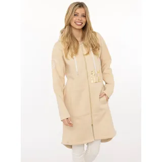 Kurzmantel ZWILLINGSHERZ "Alissa Shiny", Damen, Gr. L/XL, beige, Sweatware, Obermaterial: 50% Baumwolle, 50% Polyester, bedruckt, bestickt, unifarben, bequem ca. Mitte Oberschenkel, ohne Ausschnitt, gerader Abschluss, Mäntel Kurzmantel, Kapuze, Reißverschluss, glänzender Print, bedrucktes Band