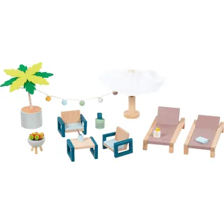 GoKi 51476 - Outdoor Möbel Set Mallorca Holz, Perfekte Ergänzung für ein Puppenhaus, fördert Kreativität der kleinen Puppeneltern, 17-er Set, ab 3 Jahre