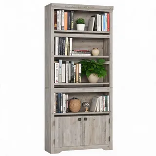 IDEALHOUSE Landhaus Bücherregal 175 cm, Bücherschrank Mit 5 Ebenen-2 Türen | Standregal mit verstellbare rutschfeste Einlegeböden, offenes Aufbewahrungsregal für Homeoffice&Wohnzimmer