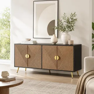 OLIVIBED 160cm Sideboard Wohnzimmer, Anrichte mit 4 Türen und Tischbeine, Wohnzimmerschrank für Wohnzimmer, Esszimmer, Schwarz und Holzmaserung