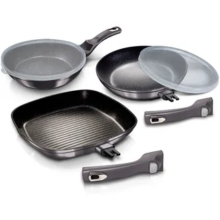 Bratpfannenset + Grillpfanne 20-24-28 cm Induktion, Antihaft, Abnehmbare Griffe