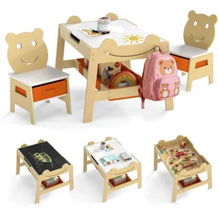 FANTASK Kindertisch mit 2 Bärenstühlen, 5-in-1 Maltisch mit Wendetafel & Whiteboard, Kindersitzgruppe mit Stauraum, 4 Haken & Stoffbehältern für Kinder von 3–10 Jahren, 70 x 60,5 x 50 cm (Natur)