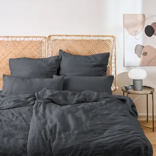 Blumtal Musselin Bettwäsche 135x200 cm im 4er Set Anthrazit - Dunkelgrau