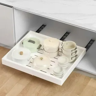 Unyqoos® Ausziehbarer Schubladen-Organizer für Küchenschrank – verstellbar 32–52 cm, Tiefe 42 cm, weiß, ohne Bohren (3 Nanotape-Strips), Tragkraft 30 kg - Weiß