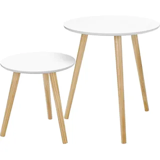 SONGMICS Runder Beistelltisch, 2 moderne Couchtische, Minimalistischer skandinavischer Stil, Couchtische mit Massivholzbeinen - Weiß