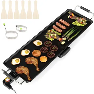 COSTWAY elektrische Grillplatte 70cm, Teppanyaki Grill antihaftbeschichtet, BBQ-Grill mit einstellbarer Temperatur, Thermostaten & Tropfschale - Schwarz