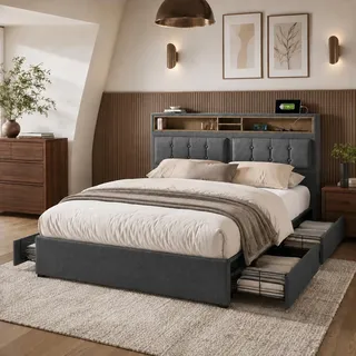 Flieks Polsterbett 140x200cm mit USB und Steckdosen, Jugendbett Doppelbett mit 4 Schubladen, Stauraumbett Massivholzbett mit Lattenrost, Leinen, Grau - Grau