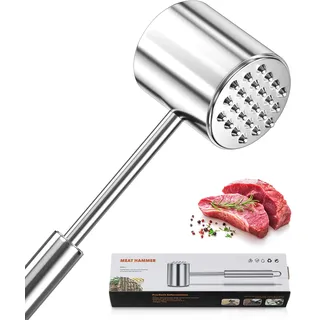 HOOMIL Fleischklopfer, Edelstahl Fleischhammer, Spülmaschinengeeignet, Robustem Schnitzelklopfer mit Bequem Griff für Steaks und Schnitzel - Silber