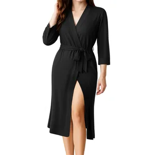 NY Threads Langer Strick-Bademantel für Damen, leichter Kimono-Bademantel für Damen, weiche Nachtwäsche, Baumwollmischung, Loungewear, Schwarz, M