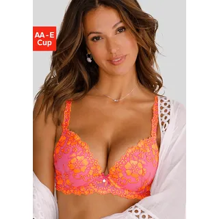 Push-up-BH LASCANA "Wanda", Damen, Gr. 70, Cup E, pink (pink, orange), Spitze, Obermaterial: 77% Polyamid, 13% Polyester, 10% Elasthan, BHs Push-up-BH, mit Bügel, mit schöner Stickereispitze, als Dessous-Set kombinierbar