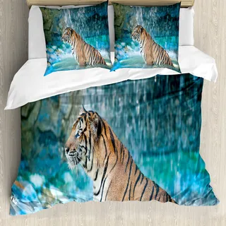 ABAKUHAUS Tiger Bettbezug, Feline Tier in Teich, Milbensicher Allergiker geeignet mit Kissenbezügen, 155 cm x 220 cm - 80 x 80 cm, Pale Brown Türkis - Türkis