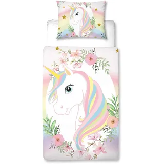 MUSOLEI Einhorn Bettbezug und Kissenbezug für Kinder Rosa Violett Blau Weiß Grün himmelblau und Regenbogen-Einhorn Weiches und Hautfreundliches Material mit Reißverschluss (Rose,Einzelbett)