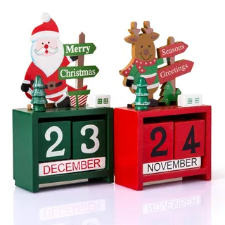 Kesote 2X Adventskalender Tisch Dauerkalender Weihnachtskalender Würfel Holz Bürokalender Weihnachten Deko, Nikolaus und Rentier