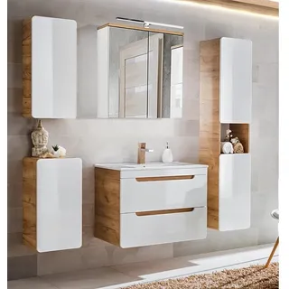 Badezimmer Komplettset in Hochglanz weiß mit Wotan Eiche Nb. LUTON-56 B/H/T ca. 181/195/46 cm - Weiß