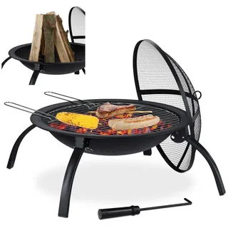 Relaxdays Feuerschale Schwarz XL Stahl Funkenschutzdeckel Grillrost , Metall , 60x42.5x60 cm , Gartenmöbel, Balkonmöbel