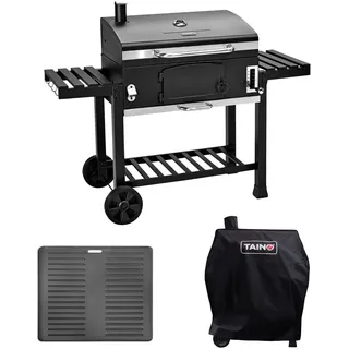 TAINO HERO XXL Holzkohlegrill Set Abdeckhaube Grillplatte Smoker Grillwagen BBQ - Schwarz