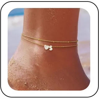 ZHESHY Fußkettchen Für Damen 14k Gold Herz Buchstaben Fussketten Für Frauen Wasserfester Layered CZ A-Z Initial Fußkette Verstellbar Fußschmuck Sommer Strand Handgefertigt Schmuck Geschenke 21+5cm