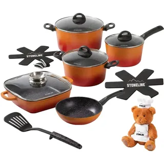 STONELINE Kochgeschirr Set 15-teilig 18/20/24 cm Pfannen und Töpfe Set mit Deckel, Topfset Induktion Antihaft Beschichtet mit echten Steinpartikeln, Alle Herdarten, Farbe: Orange