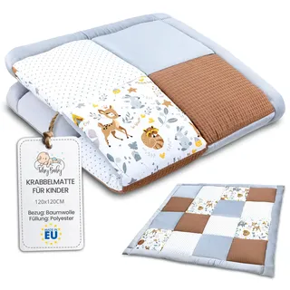 Krabbelmatte Baby 120 x 120 cm gepolstert – Krabbeldecke Spieldecke waschbar bei 30 Grad für Kinderzimmer Laufgitter & unterwegs – Spielmatte Babymatte faltbar Hirsch Patchwork