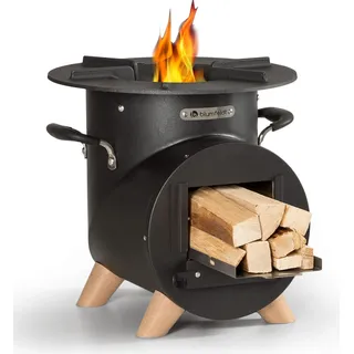 Blumfeldt Feuerschale mit Grillrost, Outdoor Stahl-Feuerschale Groß, Mobile Garten-Feuerschale, L-Form Feuerschalen mit Schürhaken, Wetterfeste Feuerschale für den Garten, Raketenofen Feuerstelle - Schwarz