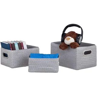 Relaxdays Aufbewahrungskörbe 3er Set, Korb-Optik, robust, Aufbewahrungsboxen f. Bad, 31 L, als robuster Regalkorb, grau