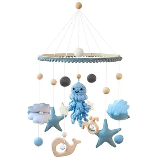 Meer Welt Mobile Baby Windspiele mit Filzbällen, 3D Blau Handgehäkelter Oktopus mit Muscheln und Sternen, Holz Bettglocke Anhänger für Babybett Jungen und Mädchen