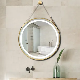 WISFOR LED Badspiegel Rund, 60cm LED Wandspiegel Badezimmerspiegel mit Beleuchtung, 3 Lichtfarbe 3500-6500K Dimmbar Beschlagfrei Lichtspiegel mit Touchschalter IP44, Gold - Gold