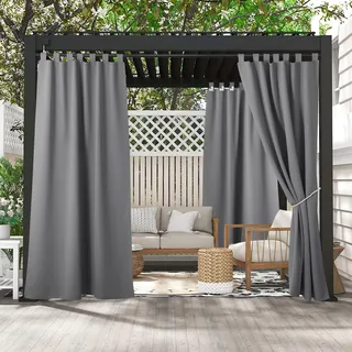 PONY DANCE Outdoor Vorhänge für Pavillon & Terrasse Gardine Sonnenschutz | 2er Set H243 x B132cm, Grau, mit Klettschlaufen, Wetterfest, Hitzeschutz, UV-Schutz, Outdoorvorhang für Balkon Pergola